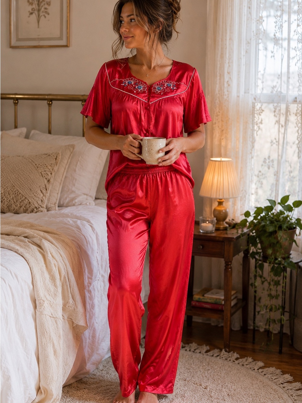 Vintage Vanity Fair Pinkish Satin Pajama Set XL Floral Embroidered Top & Pants